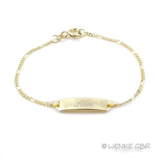 Kinder Taufe Echt Gold 333 Figaro Armband Namen und Datum Gravur Armkette 16 cm 
